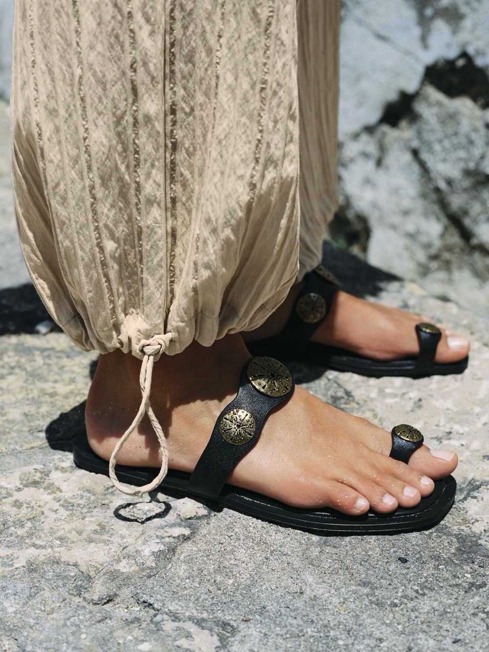 Zara Black Leather Toe-Loop Sandals with Brass Medallions - Women